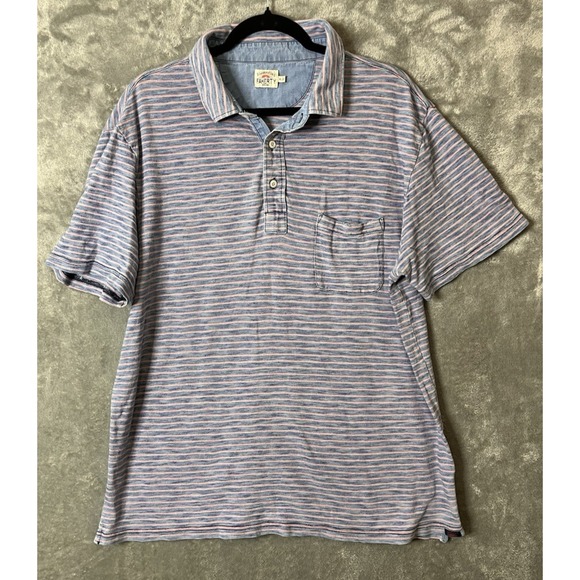 Faherty Shirt XL Blue Striped 100% Cotton Short Sleeve Polo Casual Pocket - Picture 1 of 9